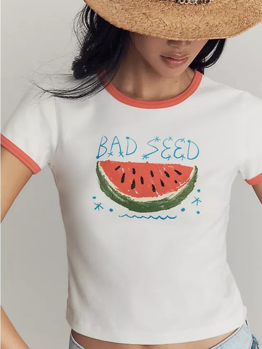 MOTHER White Crop Ringer Tee with Red Trim and Watermelon Graphic